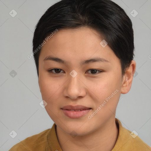 Joyful asian young-adult female with short  brown hair and brown eyes