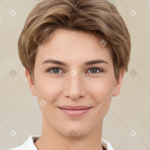 Joyful white young-adult female with short  brown hair and brown eyes