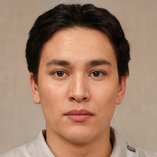 Neutral asian young-adult male with short  brown hair and brown eyes