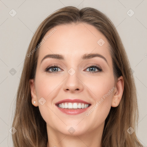 Joyful white young-adult female with long  brown hair and grey eyes