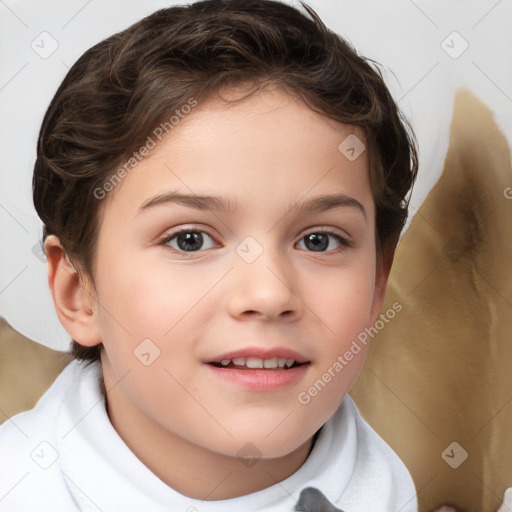 Joyful white child female with short  brown hair and brown eyes