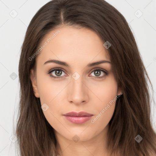 Neutral white young-adult female with long  brown hair and brown eyes