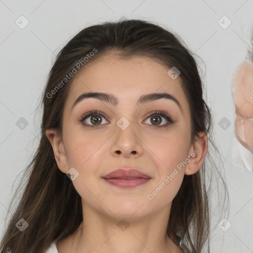 Joyful white young-adult female with medium  brown hair and brown eyes