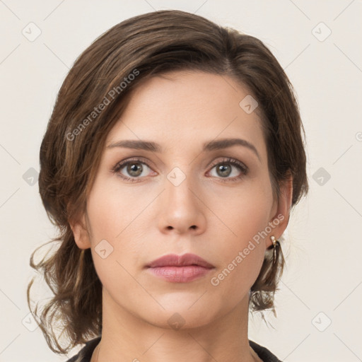 Neutral white young-adult female with medium  brown hair and grey eyes