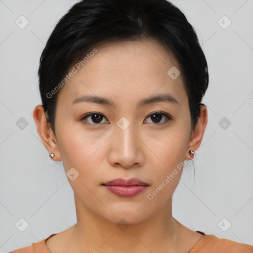 Neutral asian young-adult female with short  black hair and brown eyes