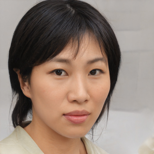 Neutral asian young-adult female with medium  brown hair and brown eyes