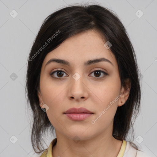 Neutral white young-adult female with medium  brown hair and brown eyes