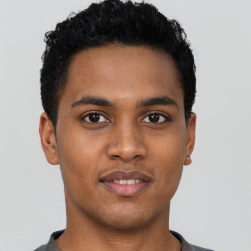 Neutral black young-adult male with short  brown hair and brown eyes