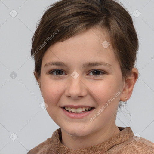 Joyful white child female with short  brown hair and brown eyes