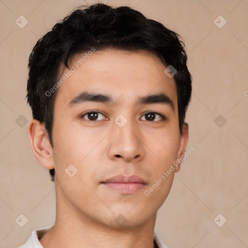 Neutral asian young-adult male with short  black hair and brown eyes