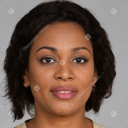 Joyful black young-adult female with medium  brown hair and brown eyes