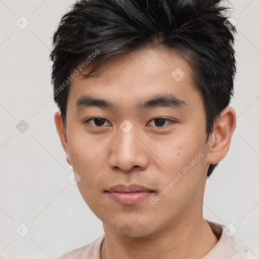 Neutral asian young-adult male with short  black hair and brown eyes