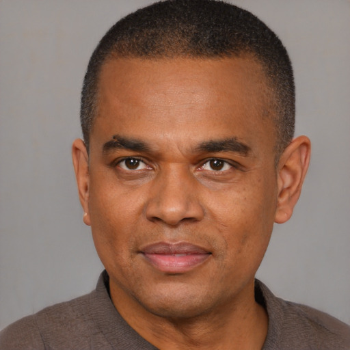 Joyful black adult male with short  brown hair and brown eyes