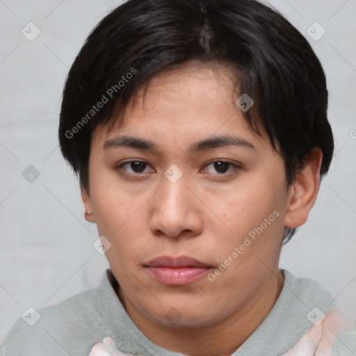 Neutral asian young-adult female with short  brown hair and brown eyes