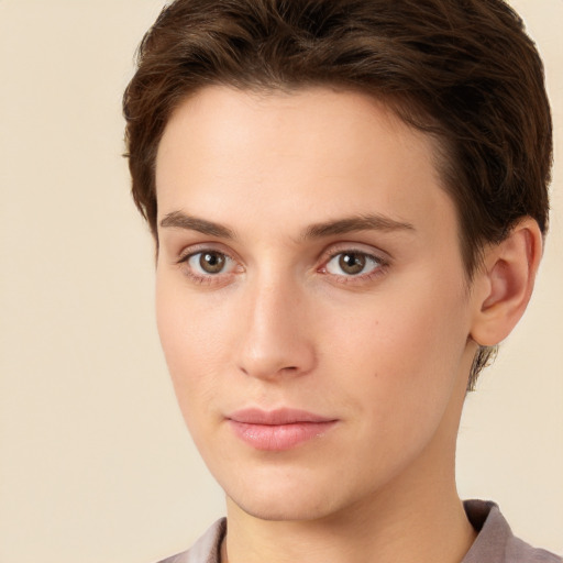 Neutral white young-adult female with short  brown hair and brown eyes