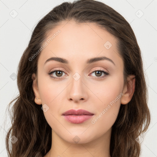 Neutral white young-adult female with long  brown hair and grey eyes