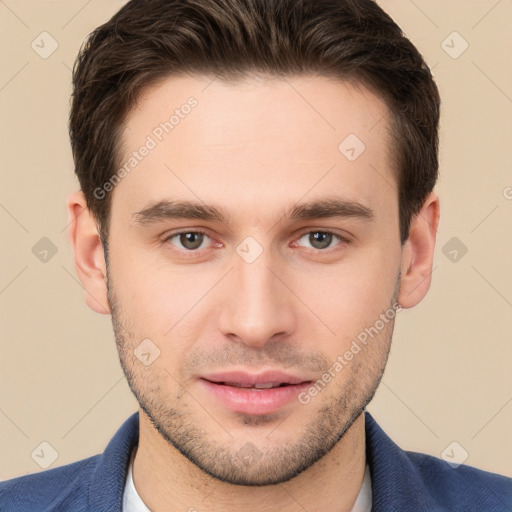 Neutral white young-adult male with short  brown hair and brown eyes