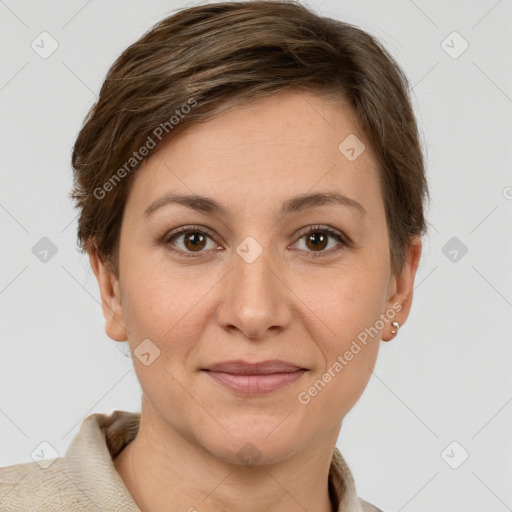 Joyful white young-adult female with short  brown hair and grey eyes