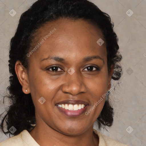 Joyful black adult female with medium  brown hair and brown eyes