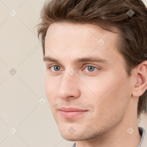 Neutral white young-adult male with short  brown hair and grey eyes