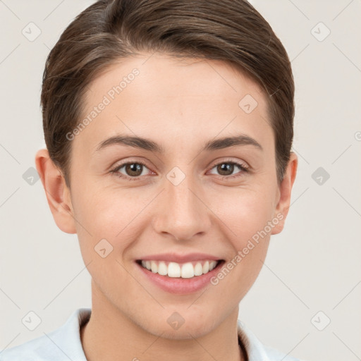 Joyful white young-adult female with short  brown hair and brown eyes