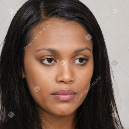 Neutral asian young-adult female with long  brown hair and brown eyes