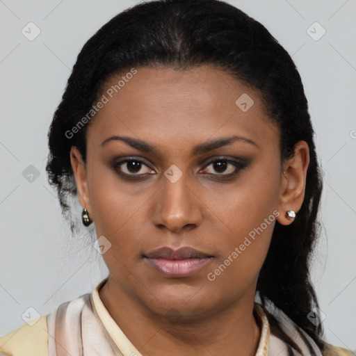 Neutral latino young-adult female with medium  brown hair and brown eyes
