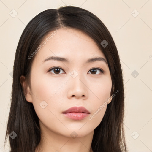 Neutral asian young-adult female with long  brown hair and brown eyes