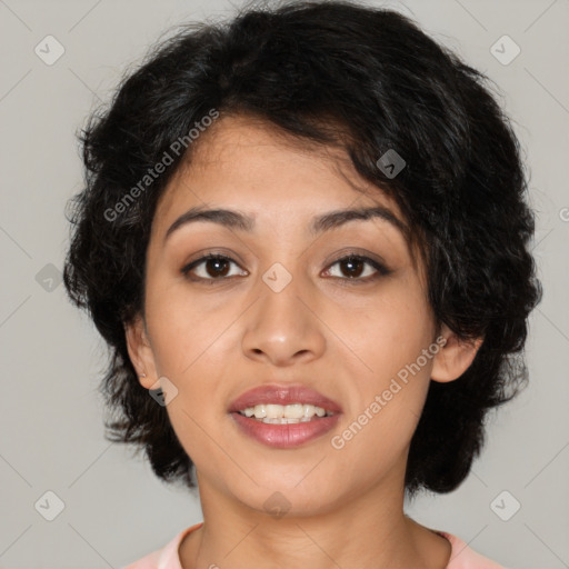 Joyful latino young-adult female with medium  black hair and brown eyes