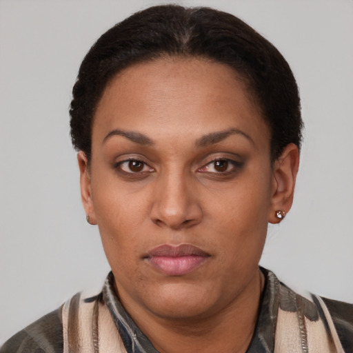 Neutral latino young-adult female with short  brown hair and brown eyes