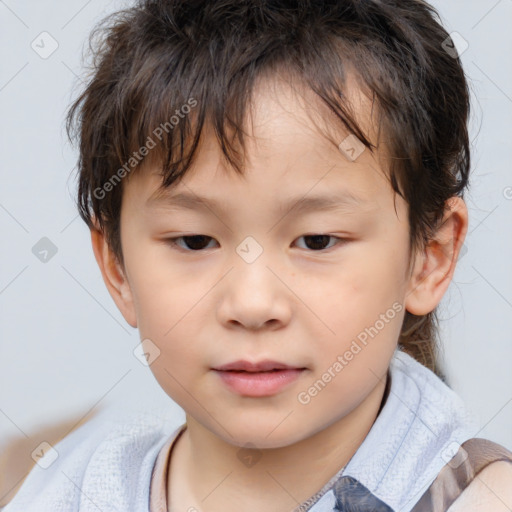 Joyful white child female with short  brown hair and brown eyes