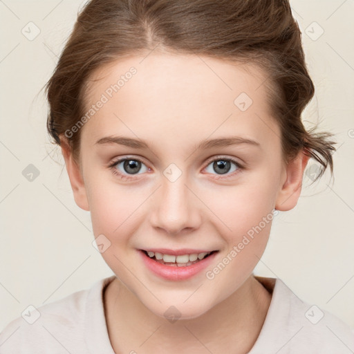 Joyful white child female with medium  brown hair and grey eyes