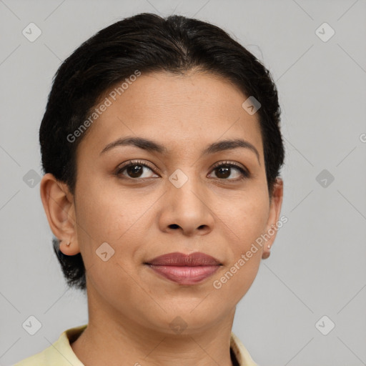 Joyful latino young-adult female with short  brown hair and brown eyes