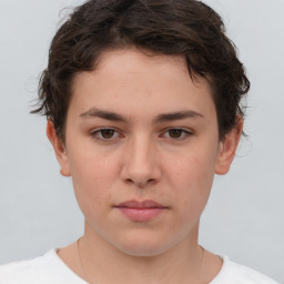 Neutral white young-adult female with short  brown hair and brown eyes