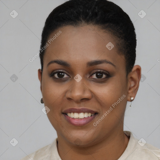 Joyful black young-adult female with short  brown hair and brown eyes
