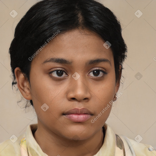 Neutral asian young-adult female with medium  brown hair and brown eyes