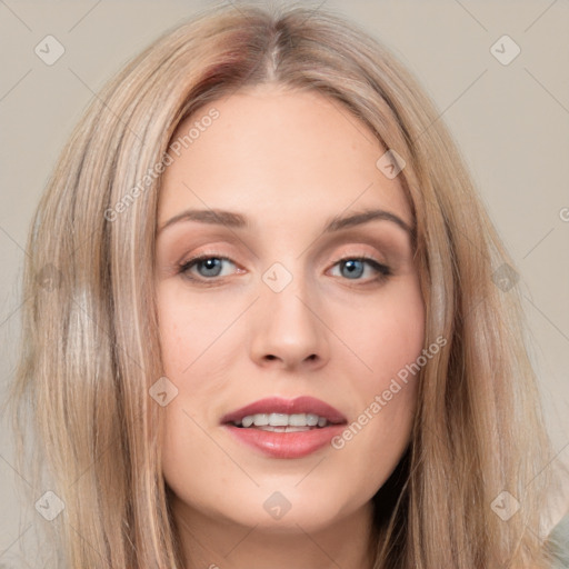 Joyful white young-adult female with long  brown hair and grey eyes