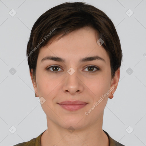 Joyful white young-adult female with short  brown hair and brown eyes