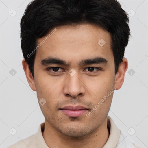 Neutral latino young-adult male with short  brown hair and brown eyes