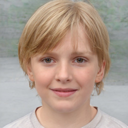 Joyful white child female with medium  brown hair and blue eyes