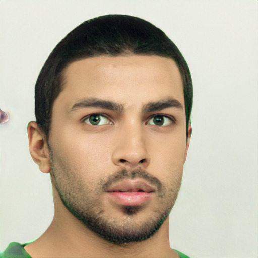 Neutral latino young-adult male with short  black hair and green eyes