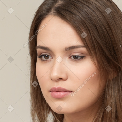 Neutral white young-adult female with long  brown hair and brown eyes