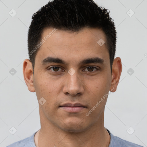 Neutral white young-adult male with short  brown hair and brown eyes