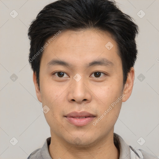 Neutral asian young-adult male with short  black hair and brown eyes