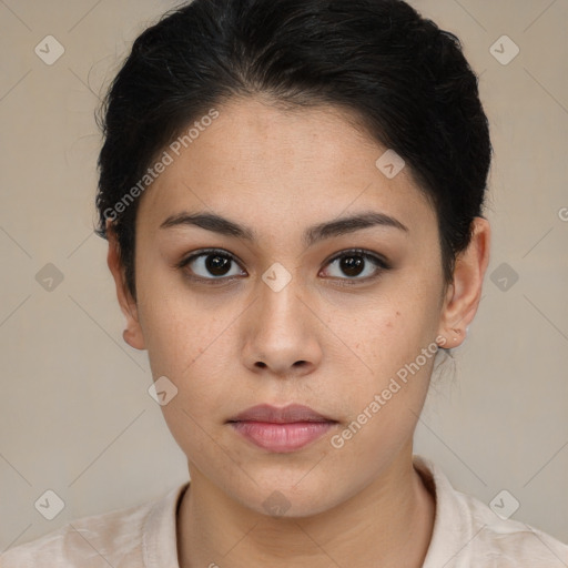 Neutral asian young-adult female with short  brown hair and brown eyes