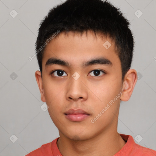 Neutral asian young-adult male with short  brown hair and brown eyes