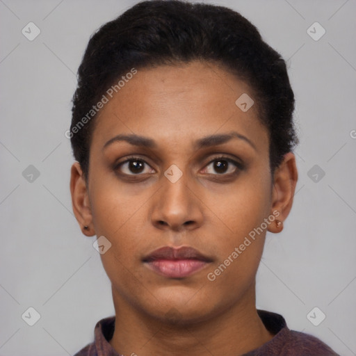 Neutral latino young-adult female with short  black hair and brown eyes