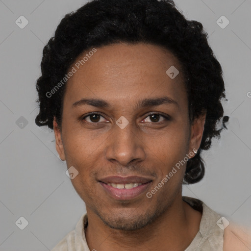 Joyful black adult female with short  black hair and brown eyes