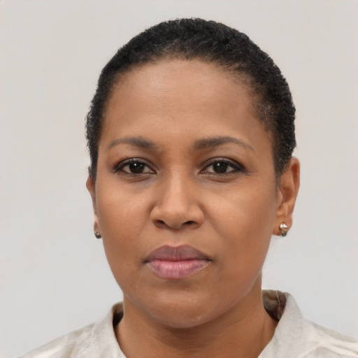 Neutral black adult female with short  black hair and brown eyes