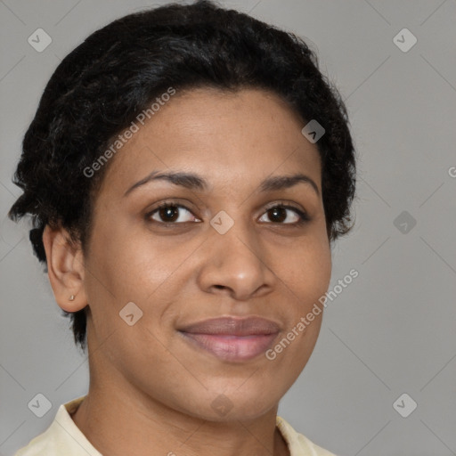 Joyful latino young-adult female with short  brown hair and brown eyes